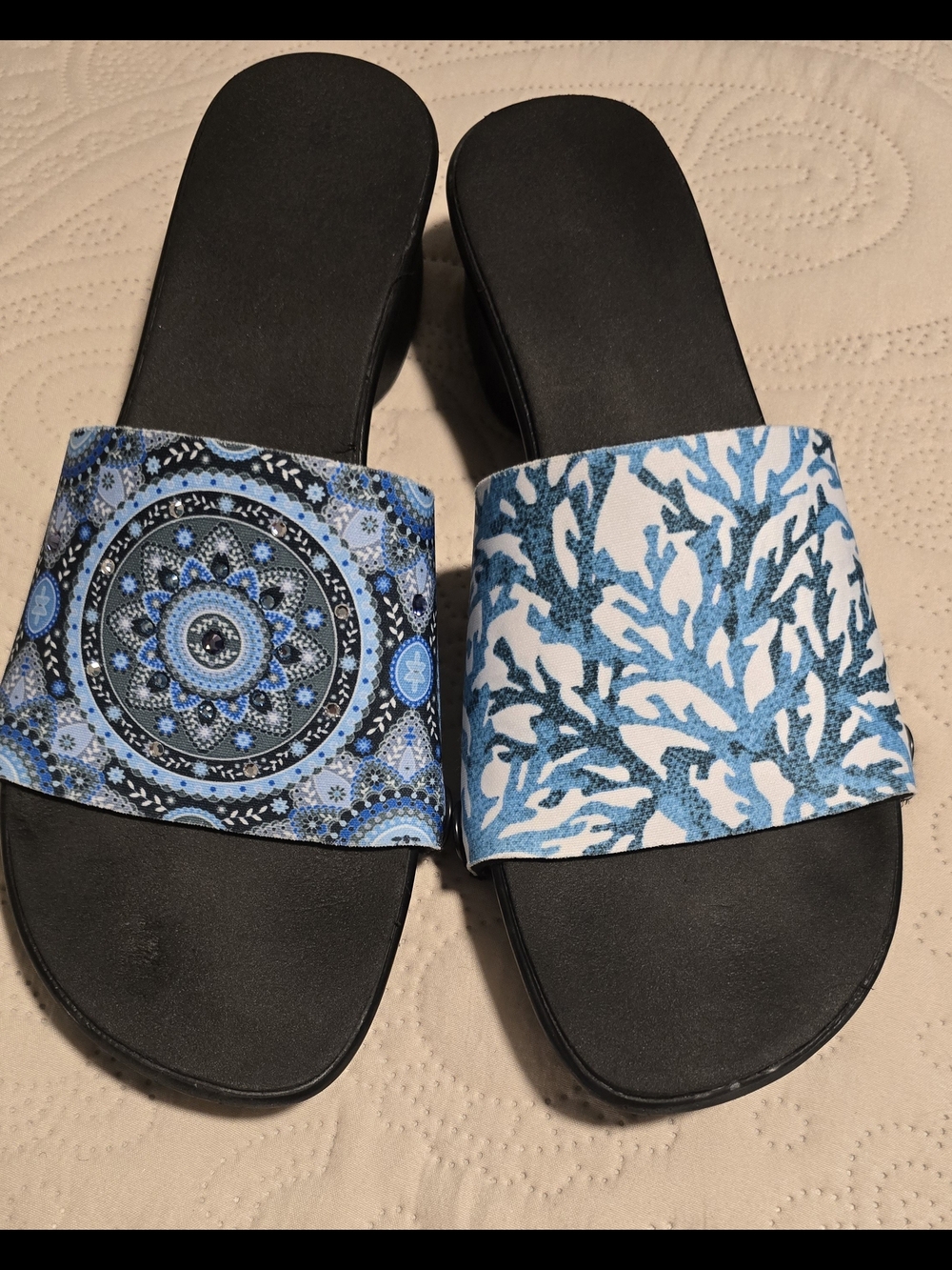 Interchangable Women’s Slide Sandals with Black Or Two Blue Patterned Straps